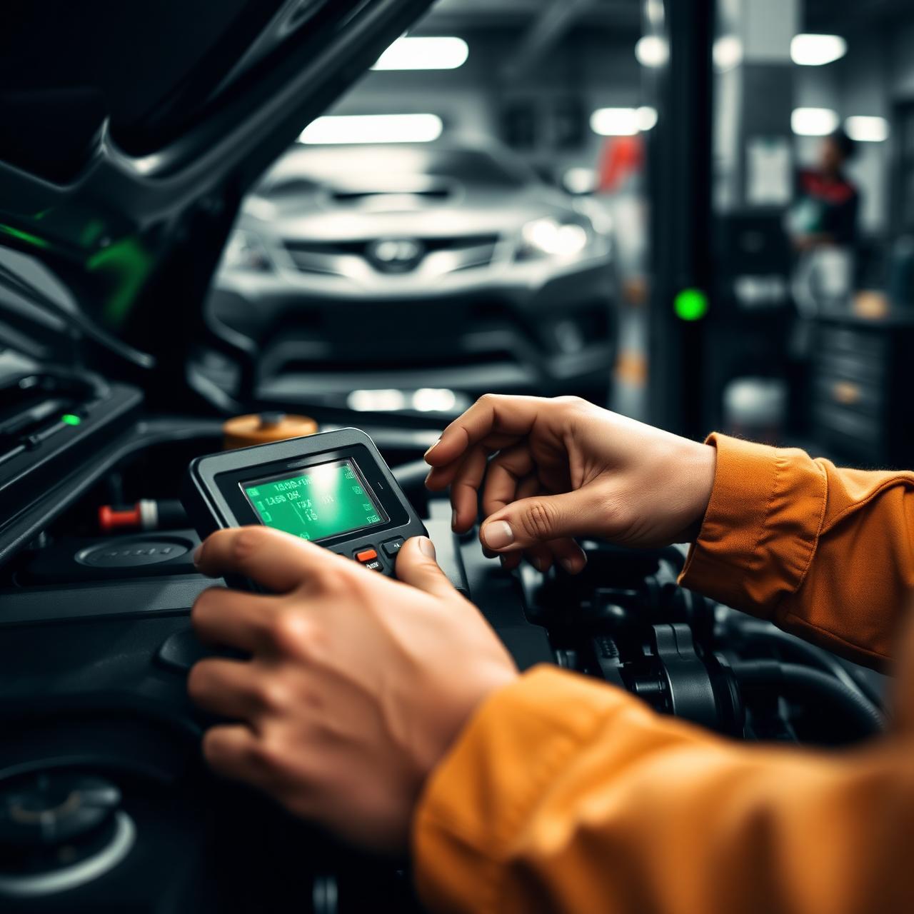 Mechanic running diagnostics on a vehicle engine